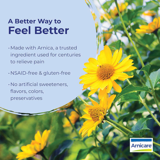 Advertisement for Arnicare with sunflowers and product.