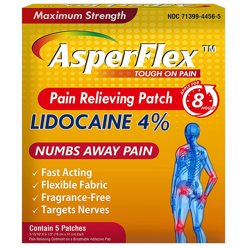 AsperFlex Pain Relief Lidocaine 4% Patches, 8 Hour Relief 5/Box
