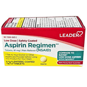 Red and white box of Leader Aspirin Low Dose 81 mg enteric coated tablets for pain relief, 120 count, with active ingredient and safety information