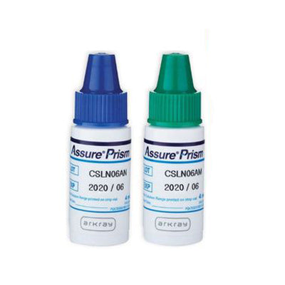 Assure Prism Meter Control Solutions 1 and 2 bottles for accurate blood glucose testing, featuring precision verification and diabetes care tools.