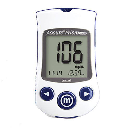 Close-up of the Assure Prism Multi Blood Glucose Meter by Arkray, showcasing its digital display, test strip insertion slot, and portable design with features like accurate blood glucose monitoring, user-friendly interface, health tracking, diabetic care, and reliable test results.
