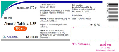 Packagte label for Atenolol Tablets 100 mg by Aurobindo Pharma