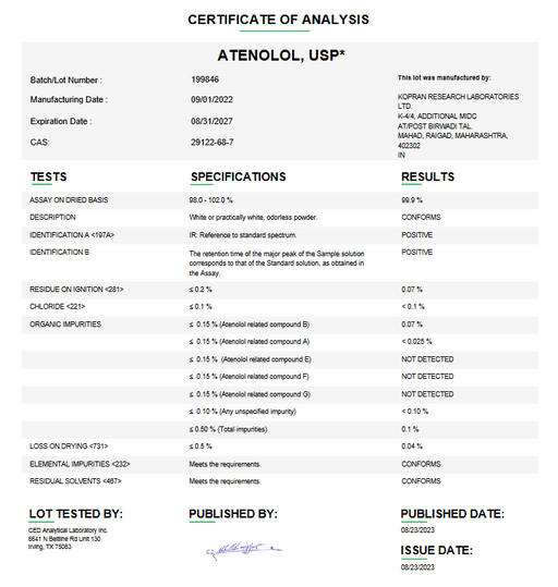Certificate of Analysis for Atenolol USP For Compounding (API)