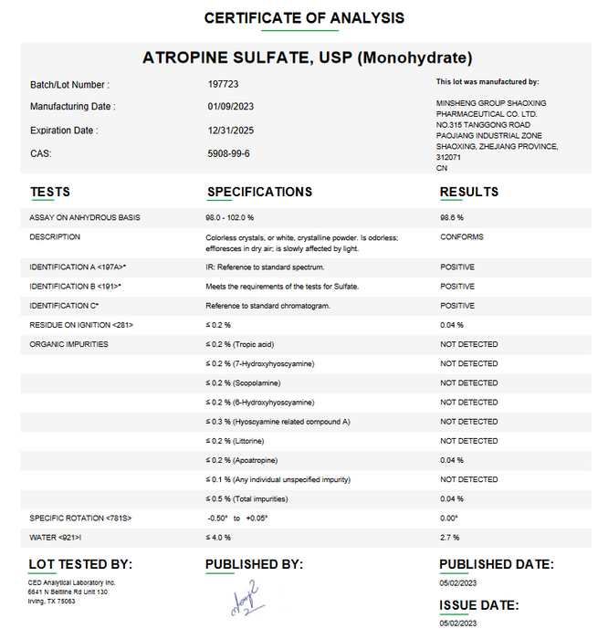 Certificate of Analysis for Atropine Sulfate USP (Monohydrate) For Compounding (API)