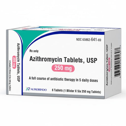 Azithromycin Tablets 250 mg Antibiotic 6-Pack Aurobindo 65862-0641-69