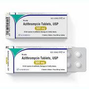 Blister pack of Azithromycin 500 mg tablets in white and teal packaging with blue accents, labeled for antibiotic use, SKU: 65862-0642-64