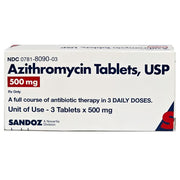Azithromycin 500 mg pack used for treating bacterial infections, including respiratory, skin, and sexually transmitted infections.