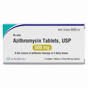 Blister pack of Azithromycin 500 mg tablets with white and teal packaging, showing the medication label and dosage, SKU: 65862-0642-64