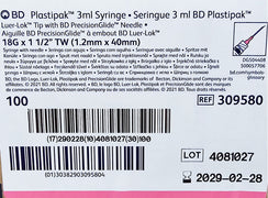 BD Plastipak 3 mL Syringe 18g x 1.5 inch with PrecisionGlide Needle Luer-lok 100 box Default Title