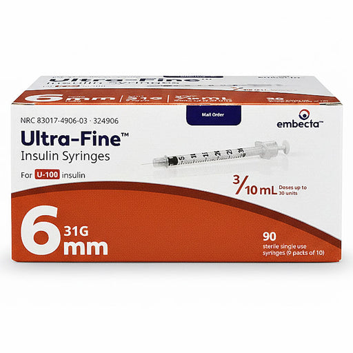 BD Insulin Syringes 31 gauge x 3-10 mL. Product number: 324906