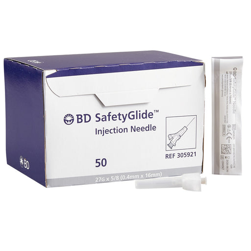 BD SafetyGlide Hypodermic Needle 27g x 5/8" Gray Safety with Beveled Shield 50/Box