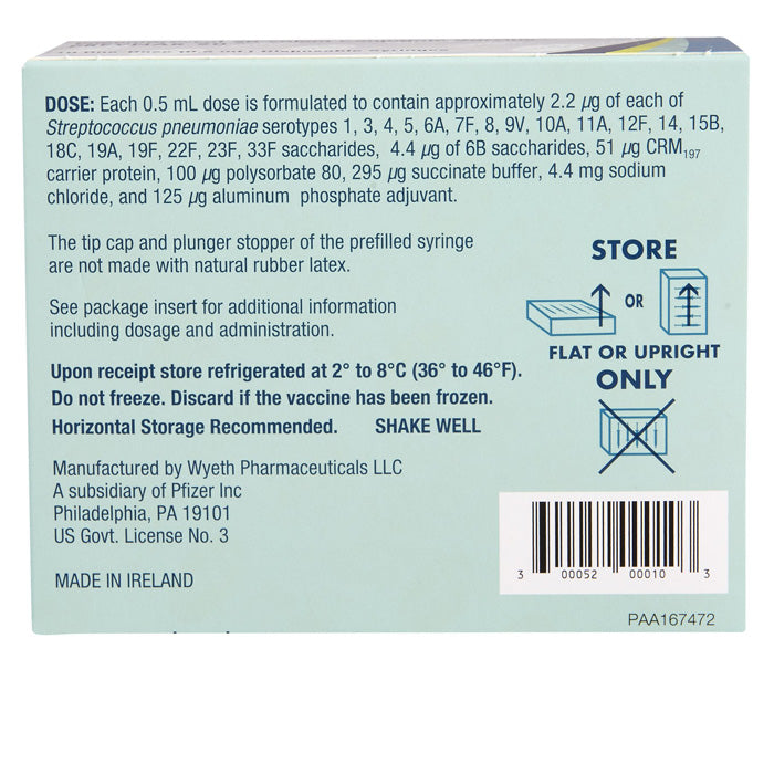 Prevnar 20 Vaccine package with text and storage instructions on a light blue background