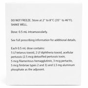 Product label with storage instructions and component details for Tdap Vaccine Adacel Vaccine Active Booster Immunization.