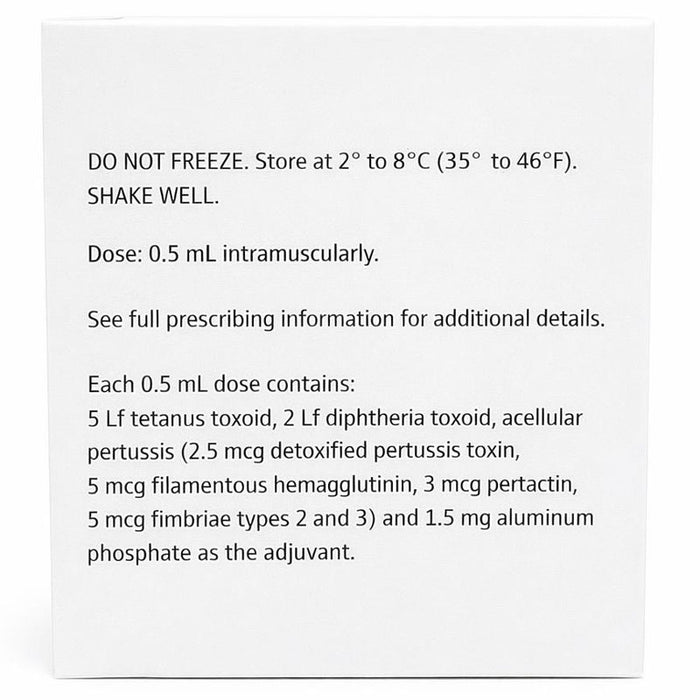 Product label with storage instructions and component details for Tdap Vaccine Adacel Vaccine Active Booster Immunization.