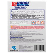 Back of the box for BeKool Soft Gel Sheets, showing product features, instructions, precautions, barcode, and contact information on a white background.
