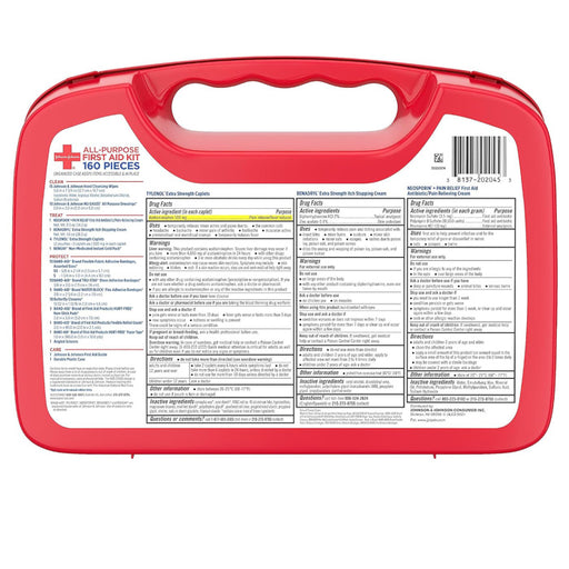 Backside of Johnson and Johnson First Aid Kit 160 Pieces