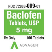 Green and white label for Baclofen Tablets 5 mg by Advagen, showing NDC 72888-009-01, 100 tablets, prescription only, for muscle spasm relief