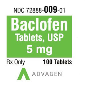 Baclofen Tablets USP 5 mg packaging with Advagen branding