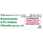 Bacteriostatic Sodium Chloride 0.9% Injection 10 mL package label for medication dilution, IV use, and maintaining safe hydration levels.