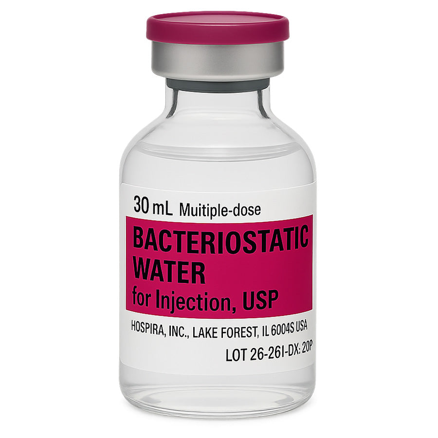 Bacteriostatic water for injection vial by Hospira on a white background