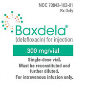 Image of Baxdela Delafloxacin 300 mg Powder Vial, used for treating severe bacterial infections, showcasing its efficacy in respiratory care.