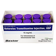 Ketorolac Tromethamine Injection 15 mg Vial, used for acute pain relief and anti-inflammatory benefits in post-surgery recovery and treatment.