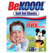 BeKOOL Soft Gel Sheets packaging featuring a child with a cooling gel sheet on their forehead, Mickey Mouse, and text highlighting cooling relief from fever discomfort.