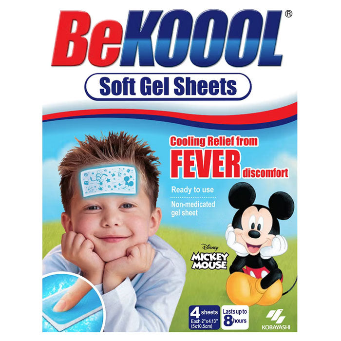 BeKOOL Soft Gel Sheets packaging featuring a child with a cooling gel sheet on their forehead, Mickey Mouse, and text highlighting cooling relief from fever discomfort.
