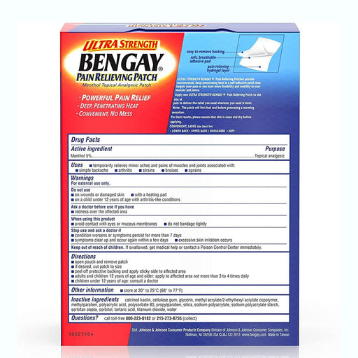 Bengay Ultra Strength Pain Relieving Patch Drug Facts: Soothes muscle aches; supports joint, back pain relief for active recovery.