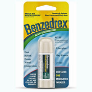 Silver logo of Benzedrex Nasal Decongestant medicated inhaler with white plastic body, yellow and blue packaging, and product label, SKU: 302250-610238