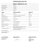 Benzyl Benzoate USP Certificate of Analysis