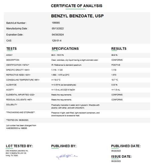 Benzyl Benzoate USP Certificate of Analysis