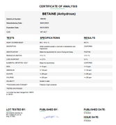Betaine (Anhydrous) USP Certificate of Analysis