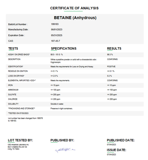 Betaine (Anhydrous) USP Certificate of Analysis