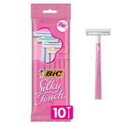 Pink pack of 10 Bic Silky Touch women's disposable razors with twin blades, featuring pastel-colored handles for smooth shaving