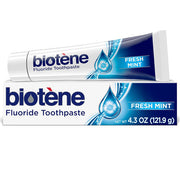 Biotene Dry Mouth Treatment Fluoride Toothpaste, soothing dry mouth, enhancing oral hygiene, and strengthening enamel for healthy teeth.