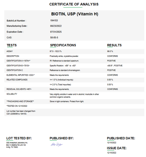 Certificate of Analysis for Biotin USP (Vitamin H) For Compounding (API)