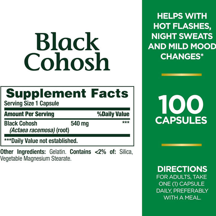 Black Cohosh 540 mg supplement facts: Herbal formula supporting menopause relief, hormonal balance, and overall women's health naturally.