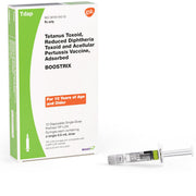 Box of Boostrix DPT vaccine prefilled syringes for adults and children, 0.5 mL, with green and white packaging, refrigerated storage