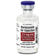 Clear glass vial of Bortezomib injection with purple cap, labeled 3.5 mg/vial for intravenous or subcutaneous use, medical medication