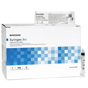 Box of 100 sterile 3 mL syringes with Luer Lock tips, white packaging with blue checkered design, and one syringe displayed beside