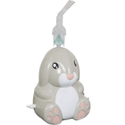 Bunny pediatric nebulizer machine shaped like a cute bunny with mask, tubing, and carrying bag for children's respiratory therapy