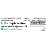 Bupivacaine 0.5% for Injection Single-Dose 10 mL Vial label, essential for precise dosing in local anesthesia and pain relief applications.