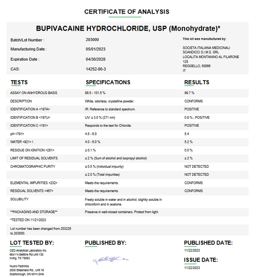 Certificate of Analysis for Bupivacaine Hydrochloride USP Monohydrate
