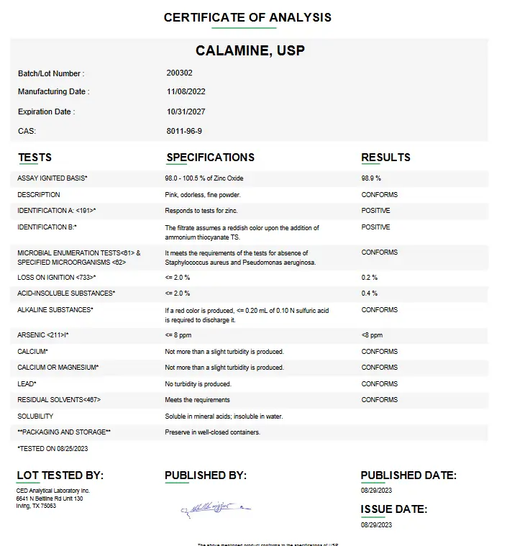 Calamine API Powder USP For Custom Compounding 500 g 1 Kg
