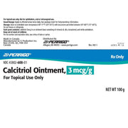 Silver logo of Perrigo on a white and blue medication label for Calcitriol Ointment 3 mcg/g, topical psoriasis treatment, 100g net weight