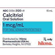 Blue and white label for Calcitriol Oral Solution 1 mcg/mL, 15 mL bottle, with dosage and administration instructions, for managing calcium deficiency.