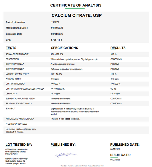 Certificate of Analysis for Calcium Citrate USP For Compounding 