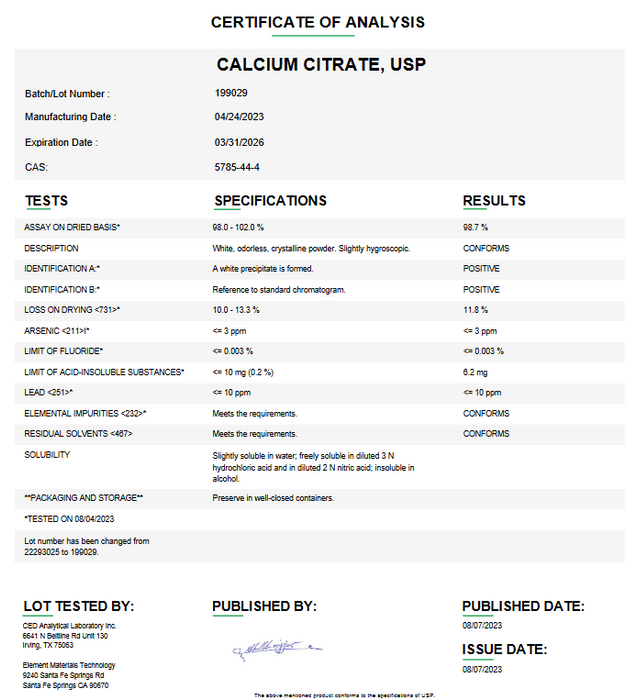 Calcium Citrate USP Certificate of Analysis