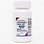 White bottle of Carbamazepine 200mg tablets with label showing dosage, brand Nivagen Pharmaceuticals, and RX marking, 100 count